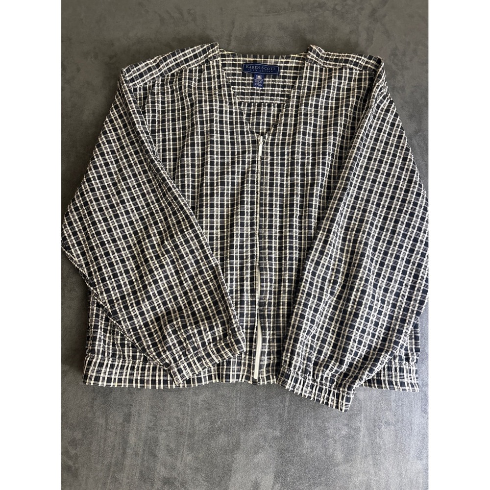 Plaid Zip Up Cotton Jacket Navy Blue White XL Bomber Style V-Neck
